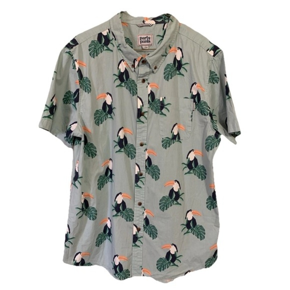 NWT‎ Party Pants XL All Over Graphic Tropical Bird Print Short Sleeve Shirt